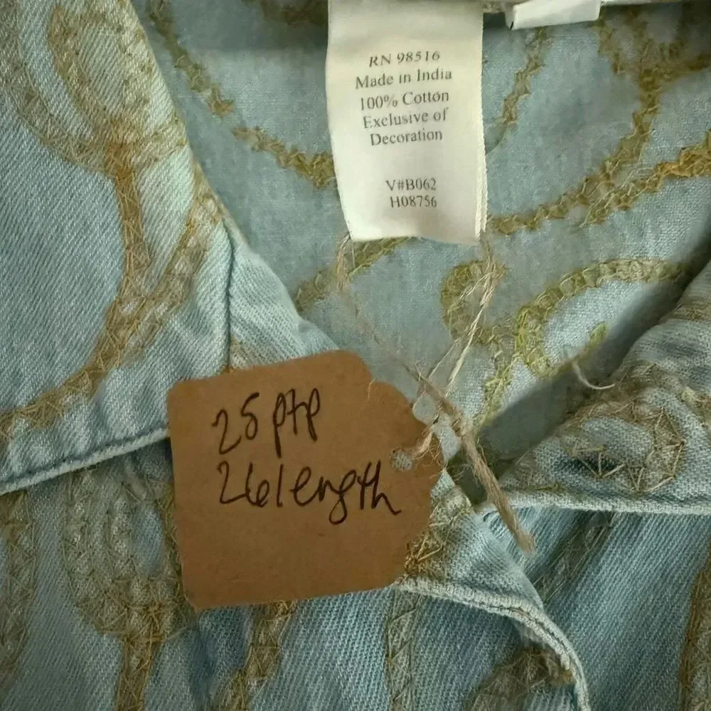 Coldwater Creek Blue and Gold Embroidered Shirt